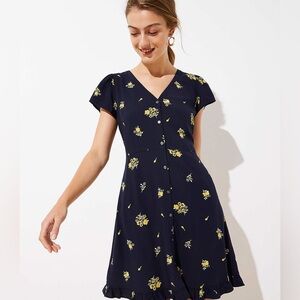 LOFT Navy Button Front Floral Dress Size 10